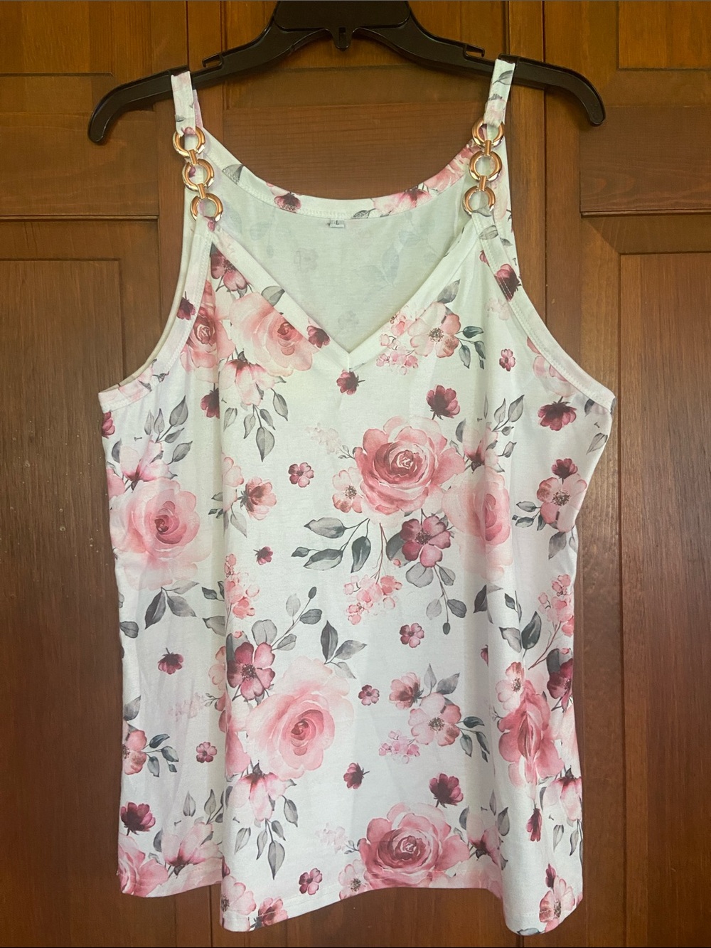 Floral Pink V-Neck Tank Top with Chain Detail